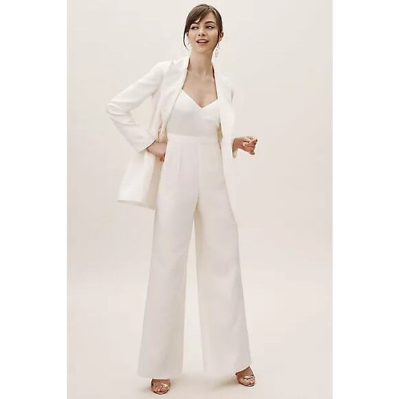 New BHLDN x Jill Stuart Nicki Jumpsuit $328 Sz 6 Off-White BRIDAL Wide-leg Crepe - Picture 1 of 7